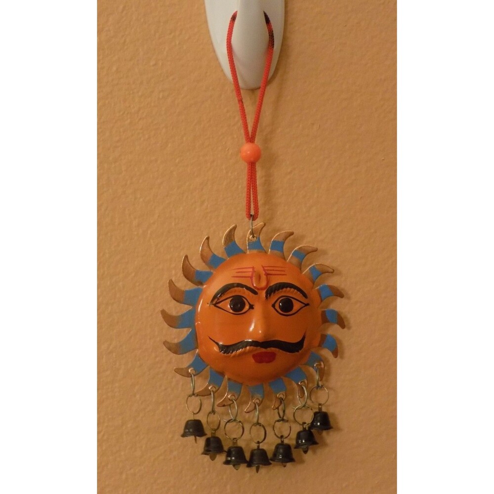 Hand Painted Metal Sun W Bells Wall Hanging Decor Ornament